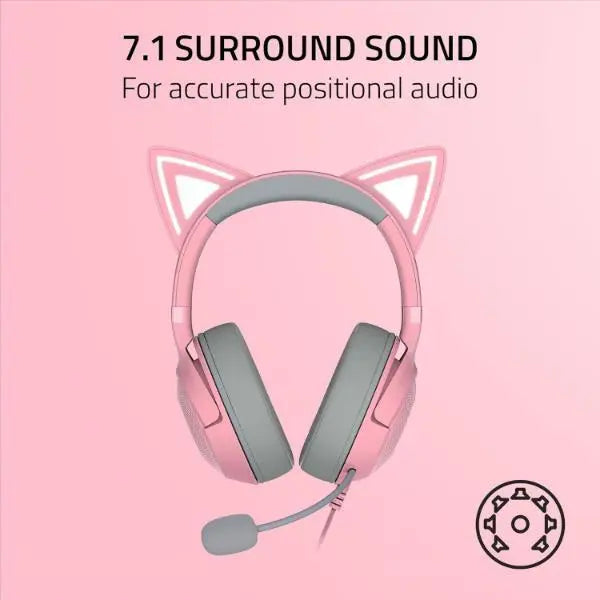 Razer Kraken Kitty Ears V2 Wired RGB Headset 40mm Drivers 7.1 Sound - Pink - Refurbished Razer