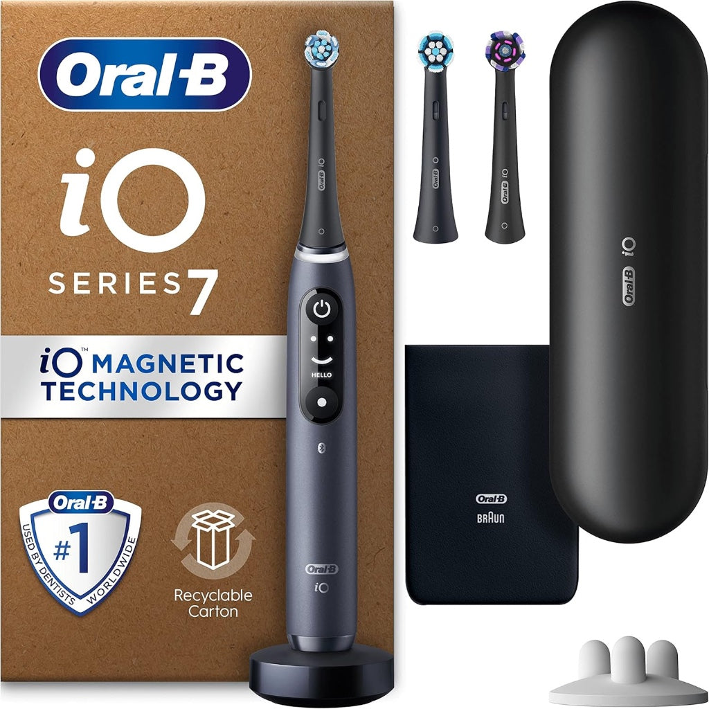 Oral-B iO7 Electric Toothbrushes For Adults, App Connected Handle, 3 Toothbrush Heads, Travel Case & Toothbrush Head Holder, 5 Modes with Teeth Whitening, Black