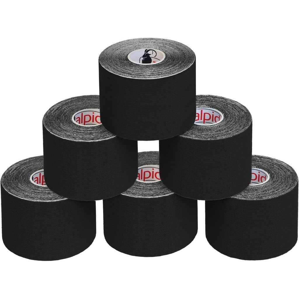 ALPIDEX Kinesiology Tape 6 Rolls - 5m x 5cm Black Elastic Muscle Support Strapping Tape - Skin Friendly - Damaged Box