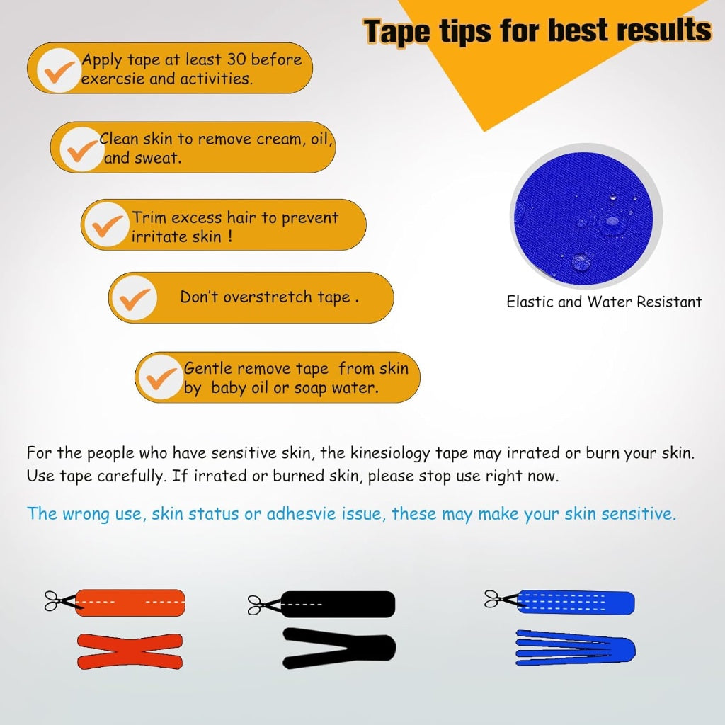 Kinesiology Tape Precut 3 Rolls - Athletic Sports Tape for Muscle & Joints, Knee, Ankle, Shoulder - Latex Free, Water Resistant, 60 Strips, - New