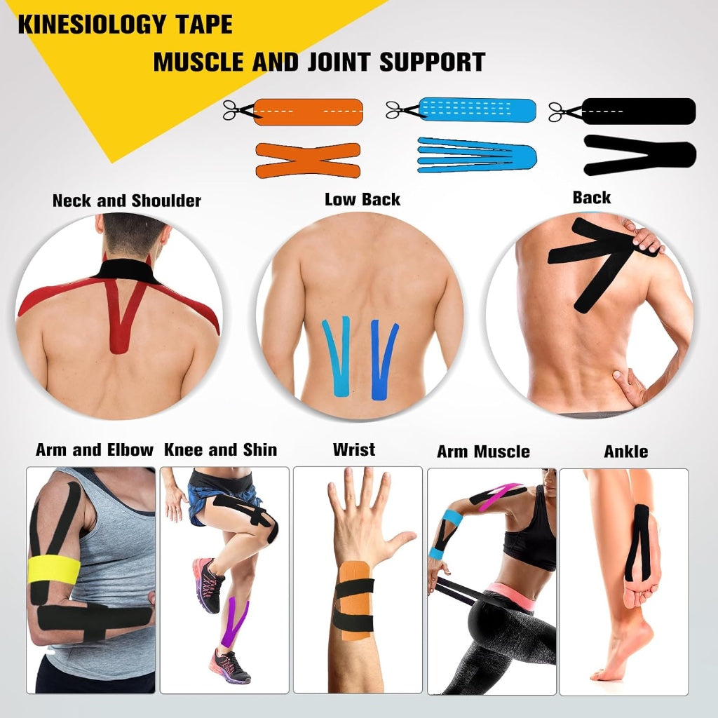 Kinesiology Tape Precut 3 Rolls - Athletic Sports Tape for Muscle & Joints, Knee, Ankle, Shoulder - Latex Free, Water Resistant, 60 Strips, - New