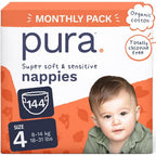 Pura Baby Nappies Size 4 - 144 Count - 8-14kg - Hypoallergenic Sensitive Skin - Leak Protection - Damaged Box