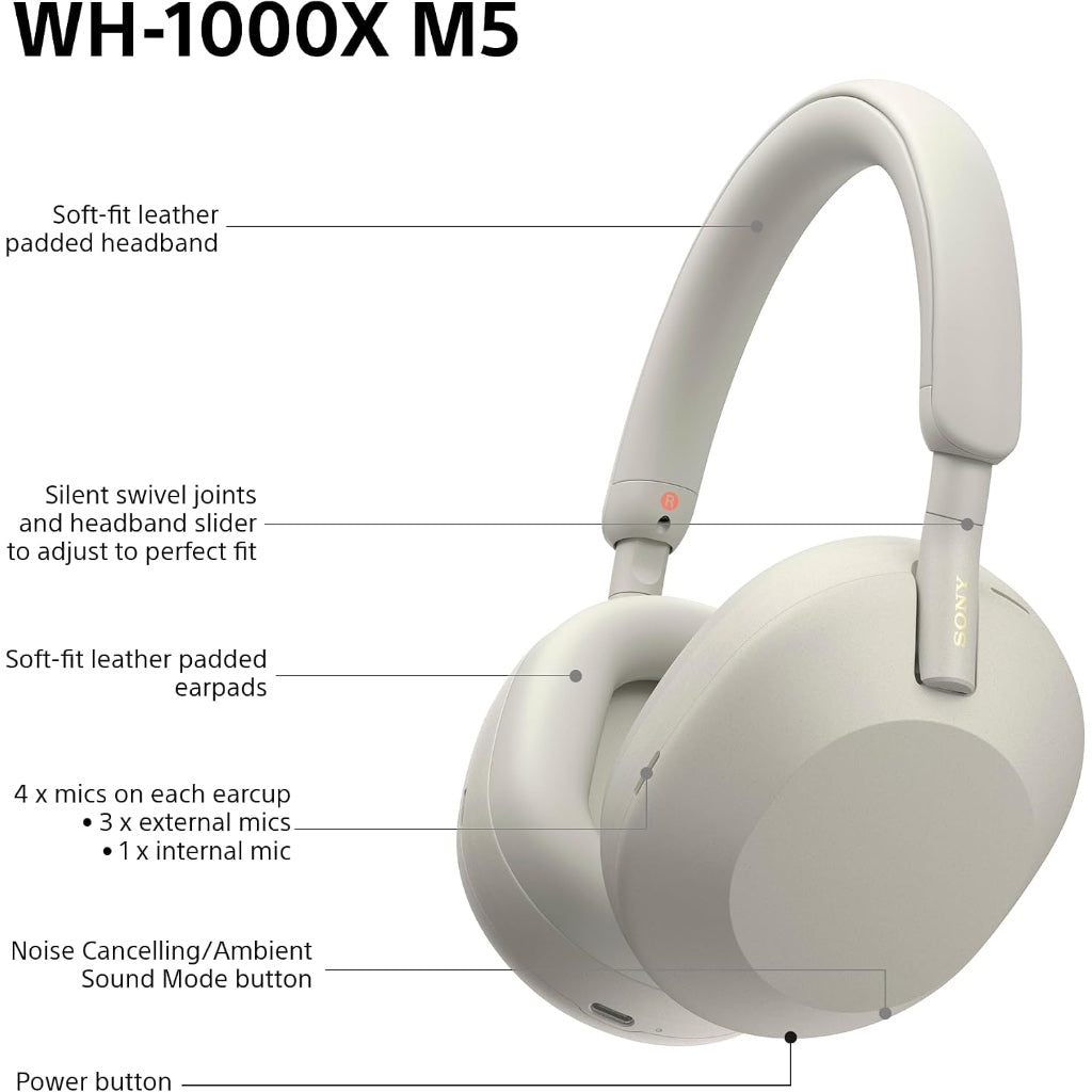 Sony WH-1000XM5 Wireless Over-Ear Headphones, Premium Active Noise Cancelling with personalized Spatial Audio, Up to 30hr Battery Life, Bluetooth Headphones, Silver - New