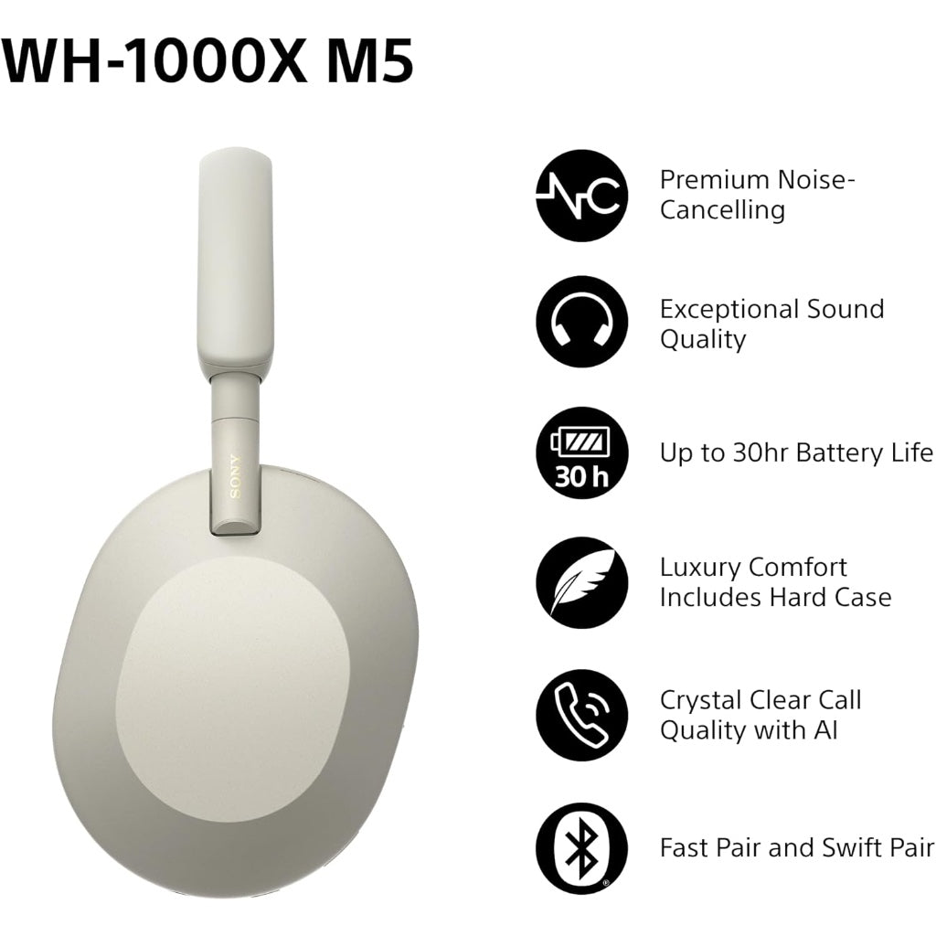 Sony WH-1000XM5 Wireless Over-Ear Headphones, Premium Active Noise Cancelling with personalized Spatial Audio, Up to 30hr Battery Life, Bluetooth Headphones, Silver - New