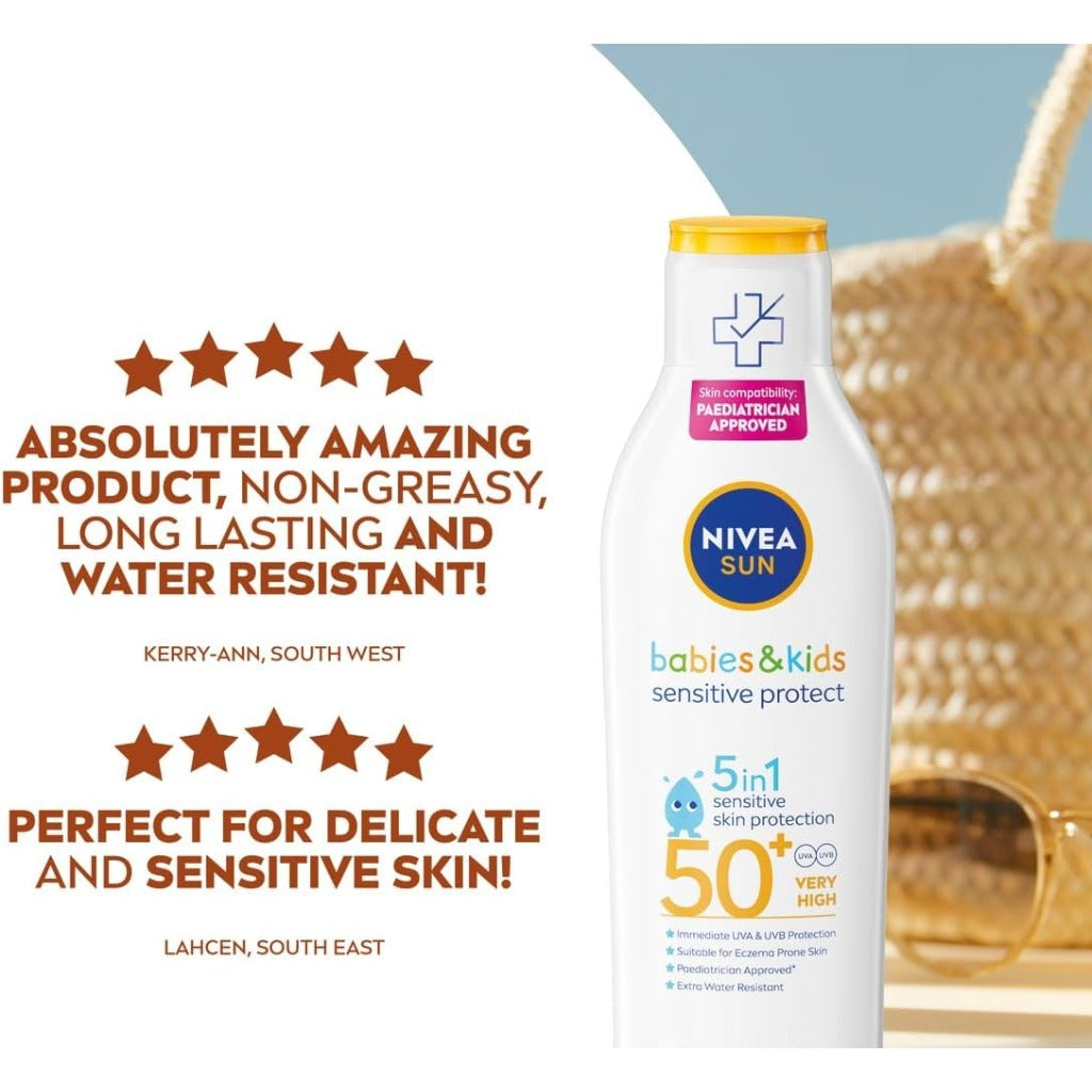 NIVEA SUN Kids Protect & Sensitive Sun Lotion SPF 50+ - 200ml Sunscreen for Sensitive Skin - Immediate Protection - New