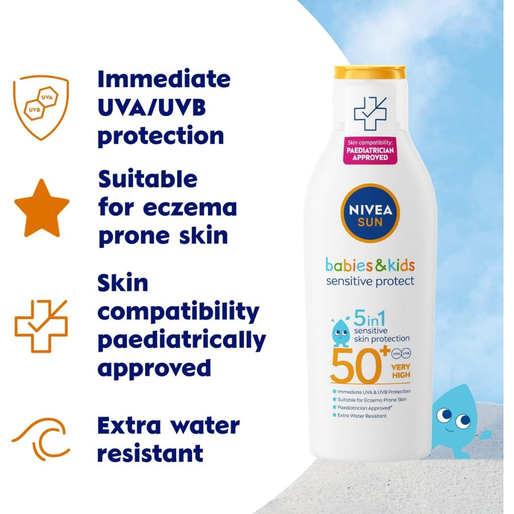 NIVEA SUN Kids Protect & Sensitive Sun Lotion SPF 50+ - 200ml Sunscreen for Sensitive Skin - Immediate Protection - New