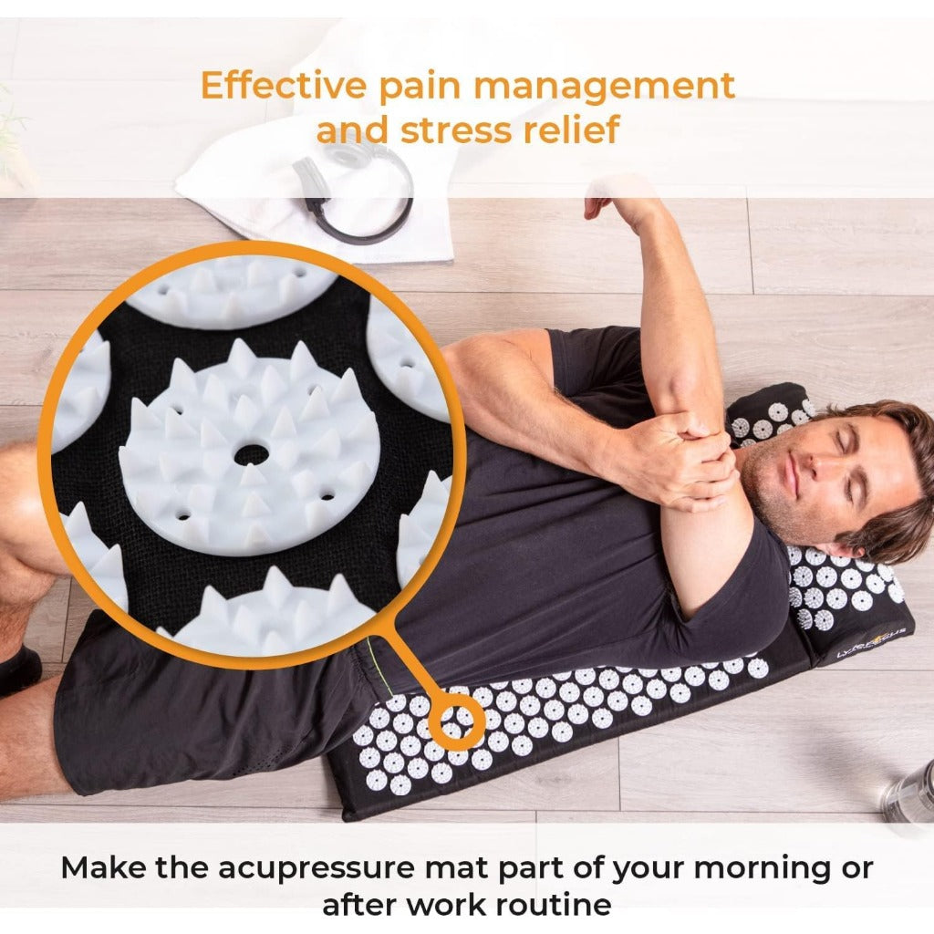 LyfeFocus Acupressure Mat & Pillow Set - Black & White Spike Massage Kit with Travel Bag - New