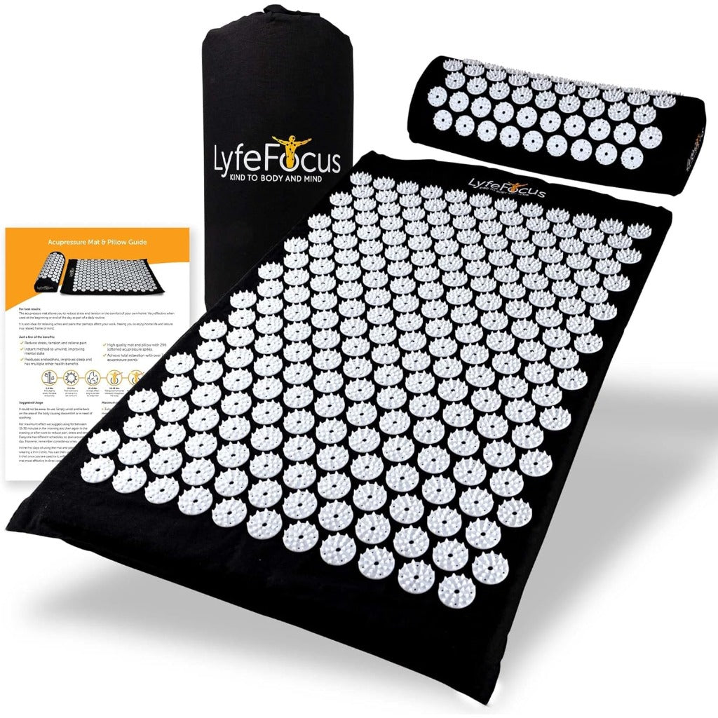 LyfeFocus Acupressure Mat & Pillow Set - Black & White Spike Massage Kit with Travel Bag - New