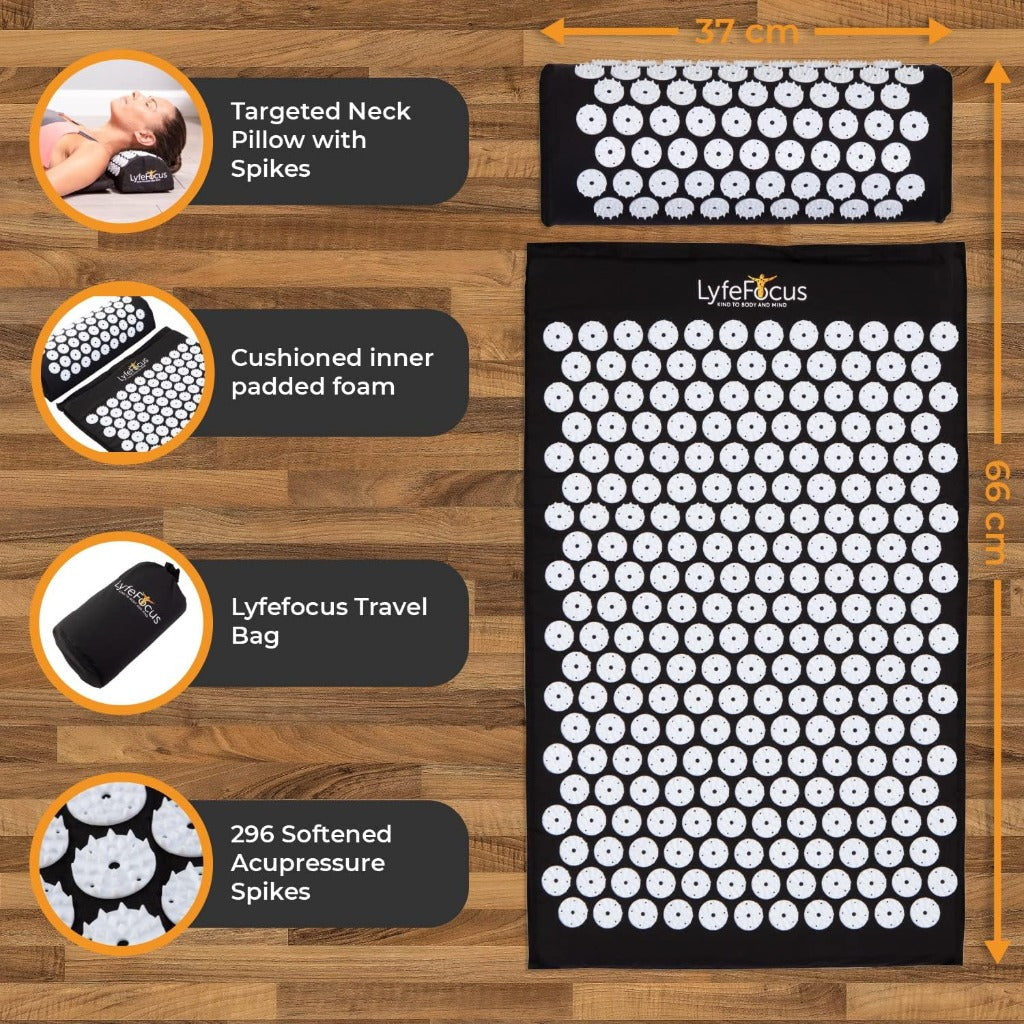 LyfeFocus Acupressure Mat & Pillow Set - Black & White Spike Massage Kit with Travel Bag - New