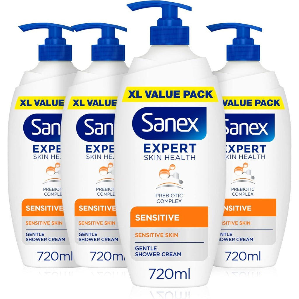 Sanex Expert Skin Health Sensitive Shower Gel 720ml x 4 Pump - Dermatologically Tested Body Wash - New