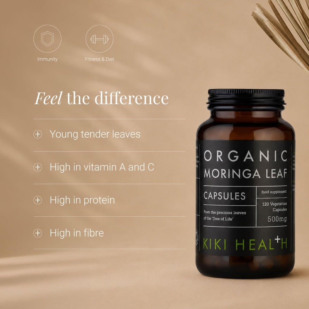KIKI Health Organic Moringa Leaf Capsules 500mg - 120 Vegan Supplements - New - BBE 09/2028