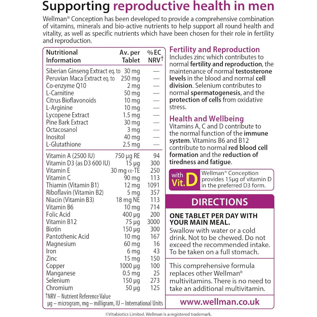 Wellman Wellman Conception Pregnancy Vitamin for Men 30count (Pack of 1) - Damaged Box - BBE 08/2027