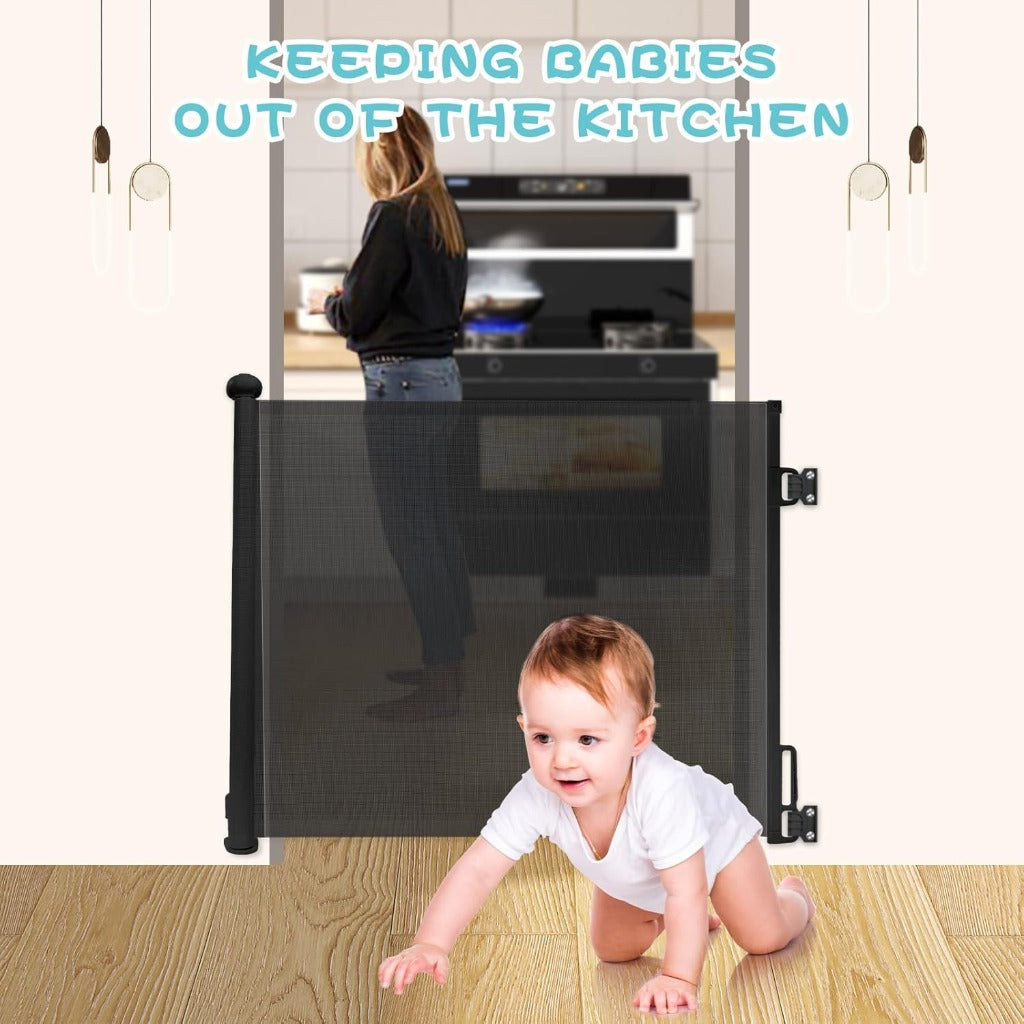Rainberg Retractable Stair Gate - 150cm Wide, 80cm Tall, Black - Baby Pet Safety Barrier, One Hand Operated Child Gate - Very Good