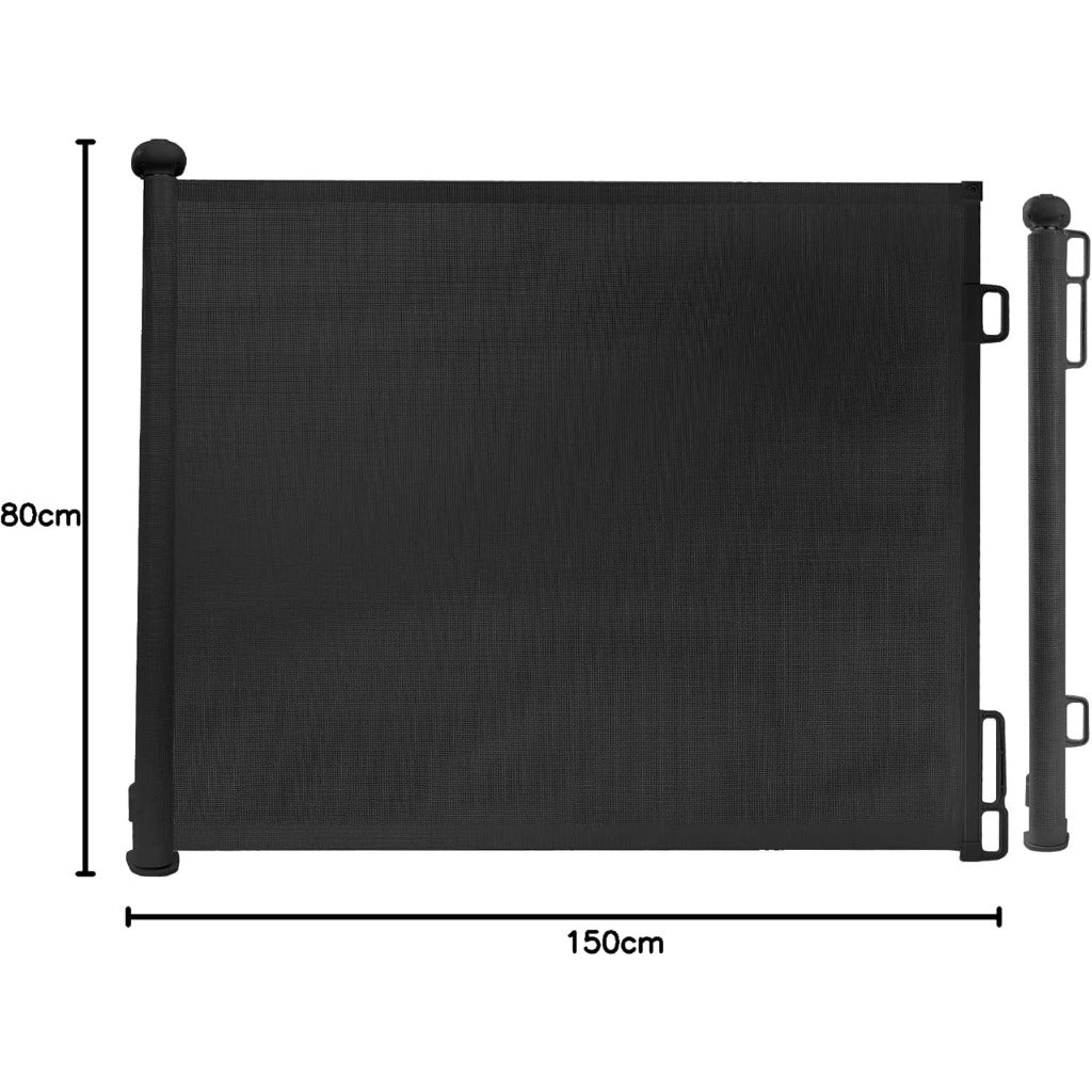 Rainberg Retractable Stair Gate - 150cm Wide, 80cm Tall, Black - Baby Pet Safety Barrier, One Hand Operated Child Gate - Very Good