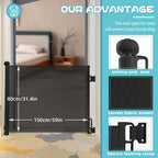 Rainberg Retractable Stair Gate - 150cm Wide, 80cm Tall, Black - Baby Pet Safety Barrier, One Hand Operated Child Gate - Very Good