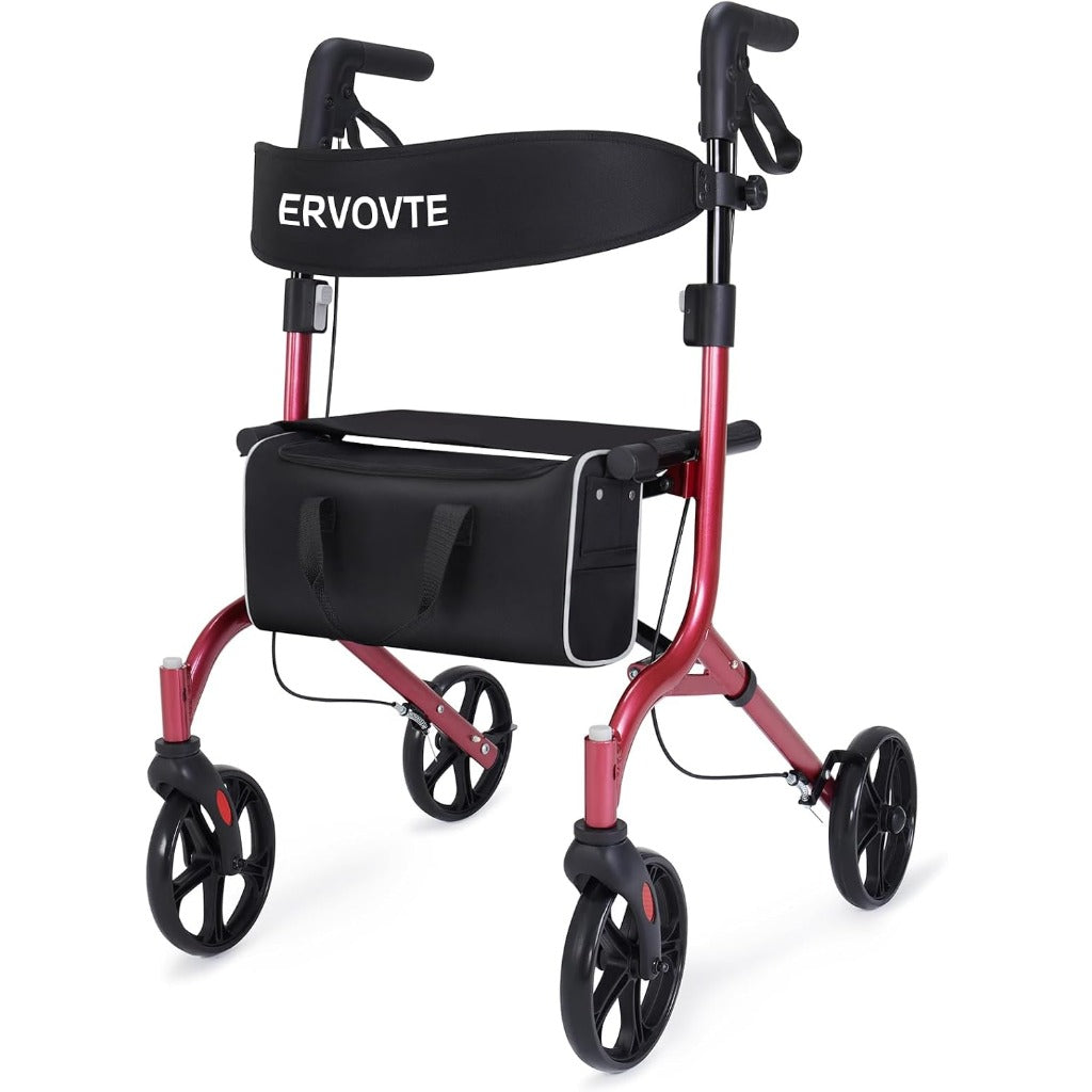 ERVOVTE Rollator Walker with Seat - Mobility Walking Aid - Aluminum Frame - 13lb Lightweight Folding - 8" Big Wheels All Terrain - New