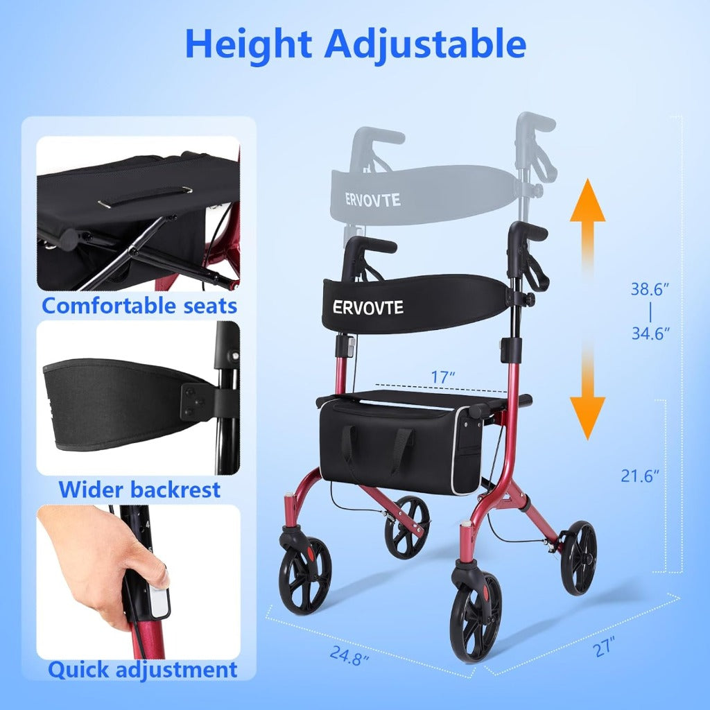 ERVOVTE Rollator Walker with Seat - Mobility Walking Aid - Aluminum Frame - 13lb Lightweight Folding - 8" Big Wheels All Terrain - New