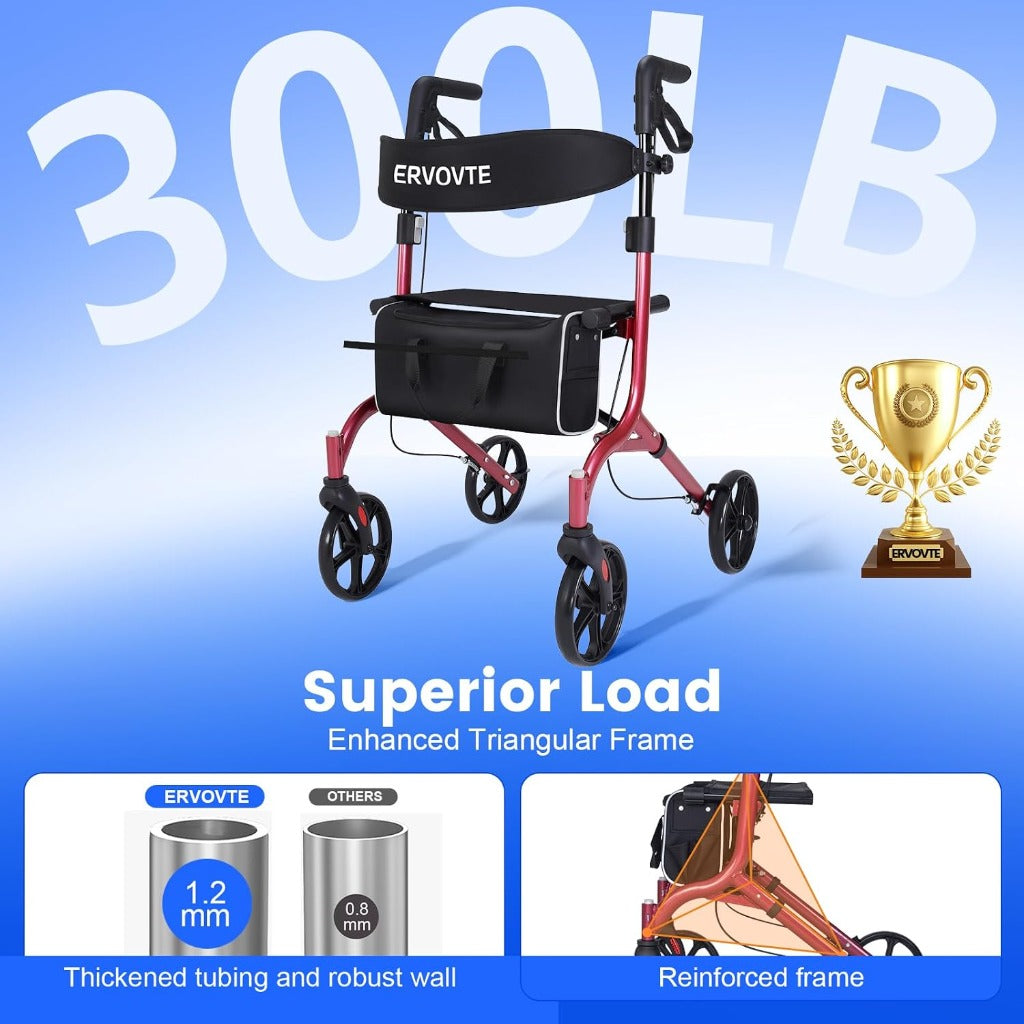 ERVOVTE Rollator Walker with Seat - Mobility Walking Aid - Aluminum Frame - 13lb Lightweight Folding - 8" Big Wheels All Terrain - New