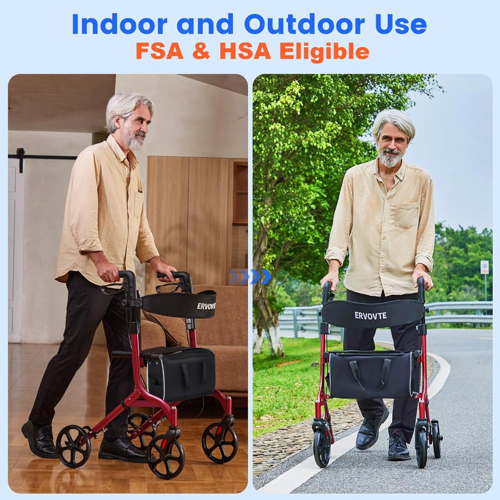 ERVOVTE Rollator Walker with Seat - Mobility Walking Aid - Aluminum Frame - 13lb Lightweight Folding - 8" Big Wheels All Terrain - New