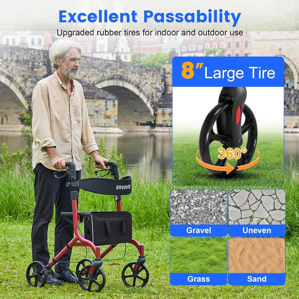 ERVOVTE Rollator Walker with Seat - Mobility Walking Aid - Aluminum Frame - 13lb Lightweight Folding - 8" Big Wheels All Terrain - New