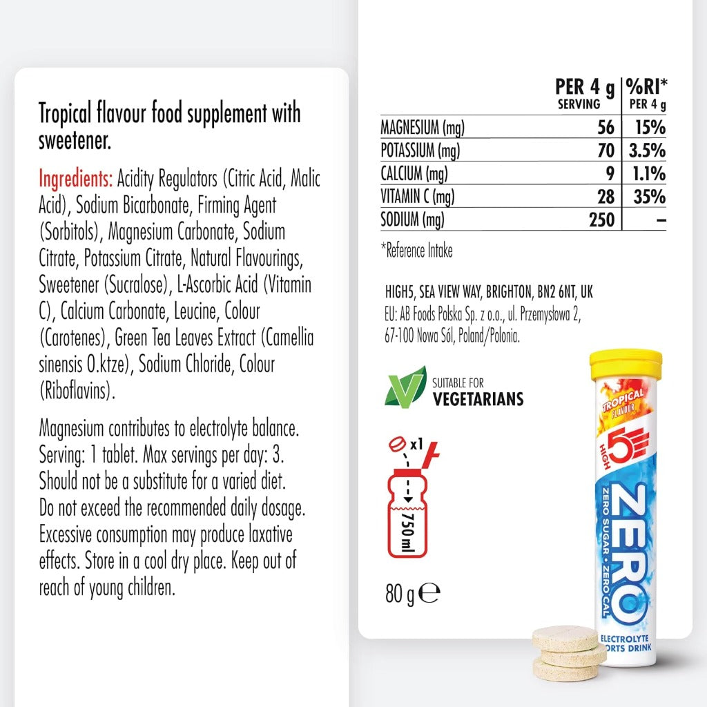 HIGH5 Zero Electrolyte Tablets - Hydration Tablets with Vitamin C - Tropical - 160 Tablets - 8 x 20 Pack - Sugar Free - Very Good - BBE 08/2027