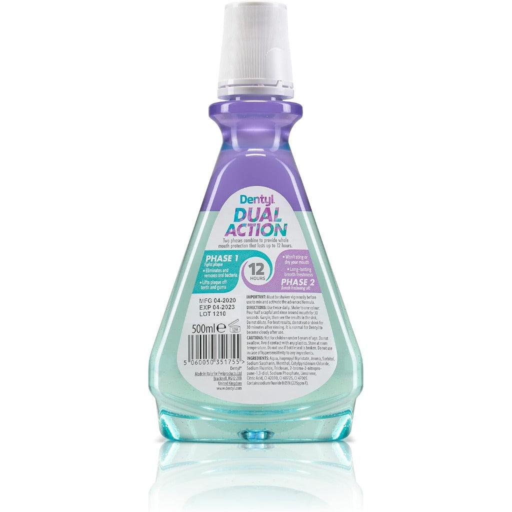 Dentyl Dual Action CPC Mouthwash - Alcohol Free - Fresh Mer-Mint - 12hr Fresh Breath - Total Care - 6x 500ml Pack - Damaged Box - BBE 02/2028