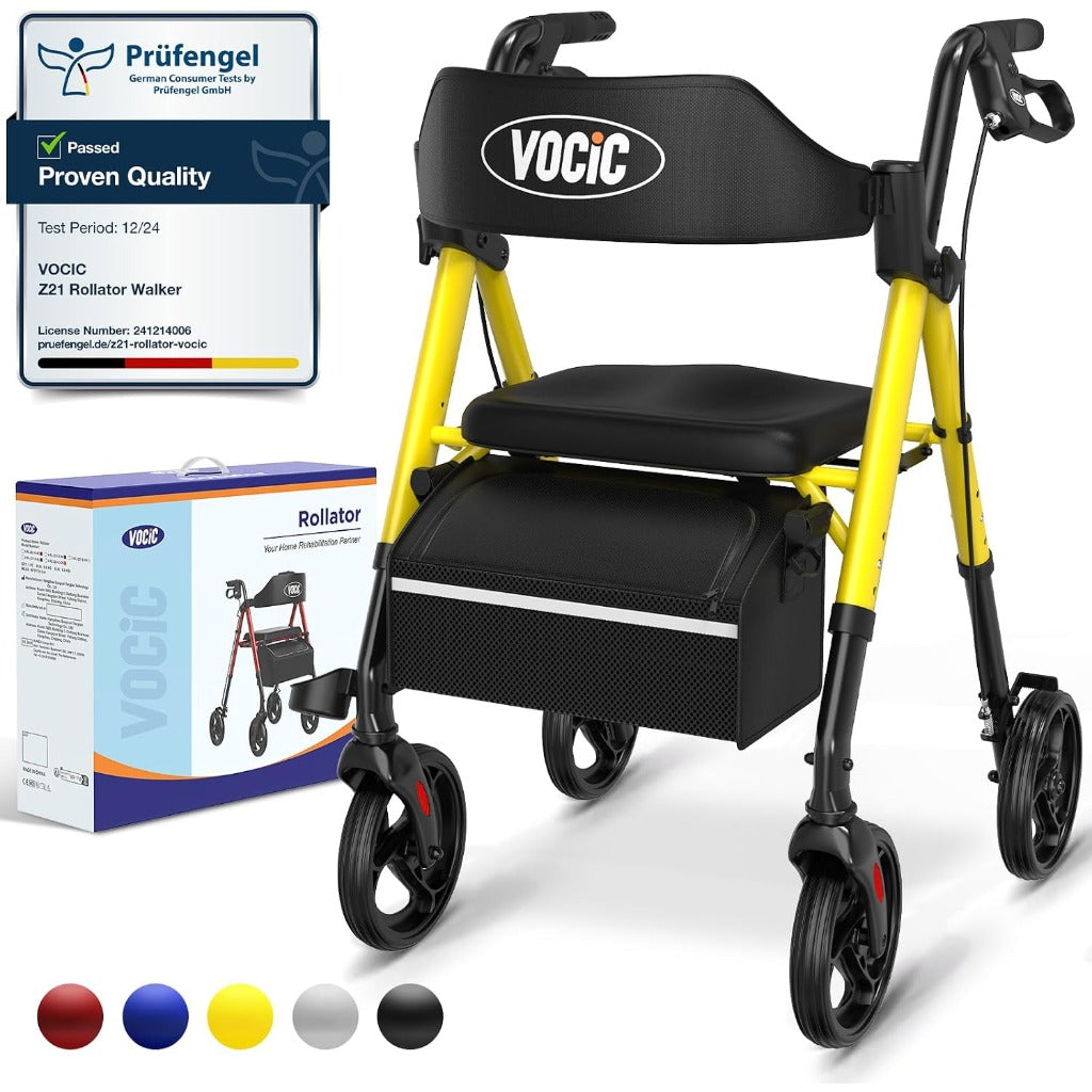 VOCIC Rollator Walker with Seat, Brakes, Bag, Foldable Walking Aid, Adjustable Height, Lightweight Walker for Disabled, 20cm/8'' Wheels for All Terrain, Yellow - Damaged Box