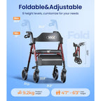 VOCIC Rollator Walker with Seat, Brakes, Bag, Foldable Walking Aid, Adjustable Height, Lightweight Walker for Disabled, 20cm/8'' Wheels for All Terrain, Yellow - Damaged Box