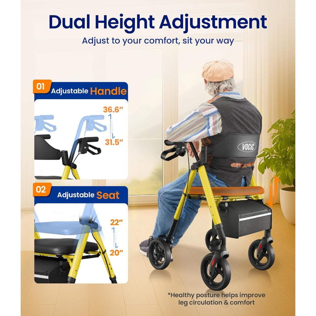 VOCIC Rollator Walker with Seat, Brakes, Bag, Foldable Walking Aid, Adjustable Height, Lightweight Walker for Disabled, 20cm/8'' Wheels for All Terrain, Yellow - Damaged Box