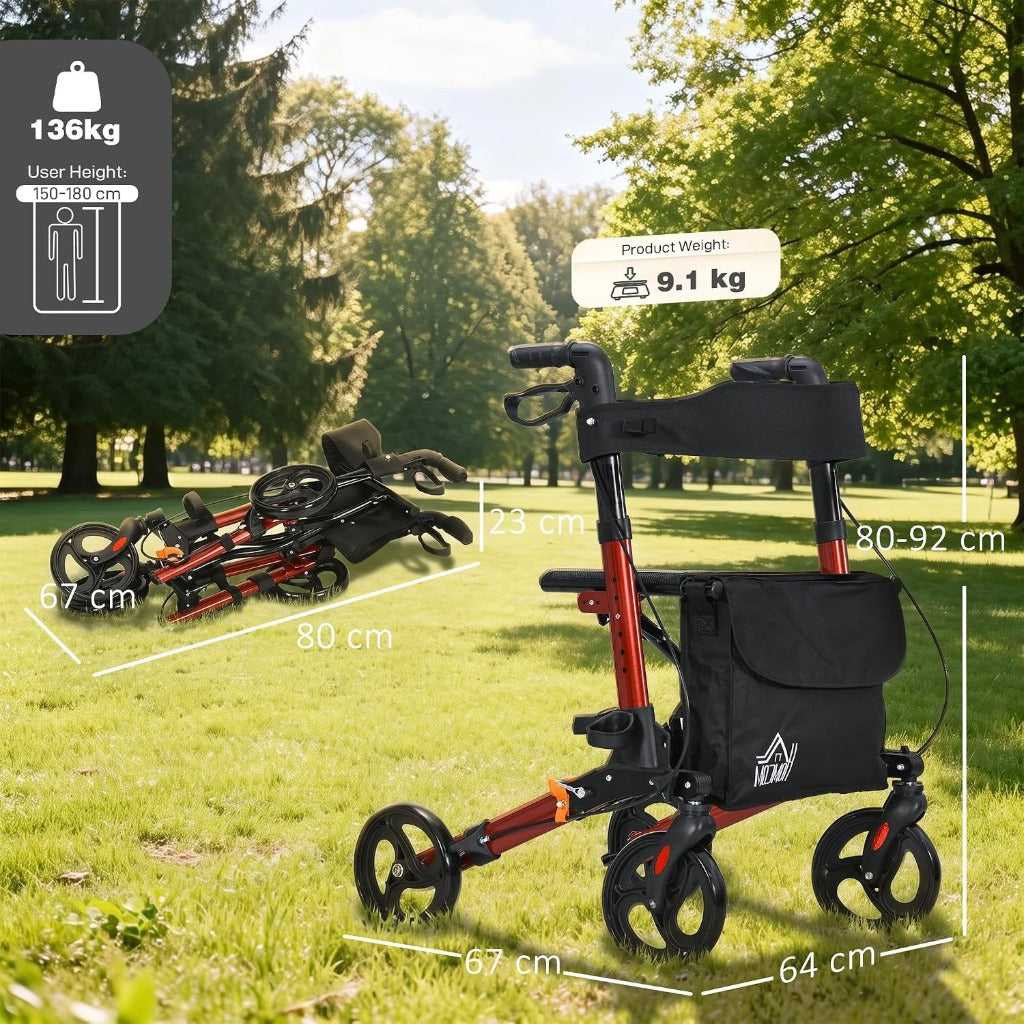 HOMCOM Rollator Walker with Seat Compact Quick Folding 8" Wheels Red - Damaged Box