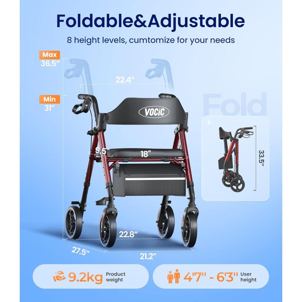 VOCIC Rollator Walker with Seat - Lightweight Foldable Walking Aid - Mobility Support - Max 150kg Capacity - Damaged Box