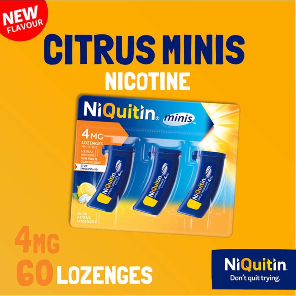 NiQuitin 4mg Minis Citrus Lozenges - 3x20 Pack - Nicotine Oral Stop Smoking Aid - Craving Relief - Damaged Box - BBE 03/2027