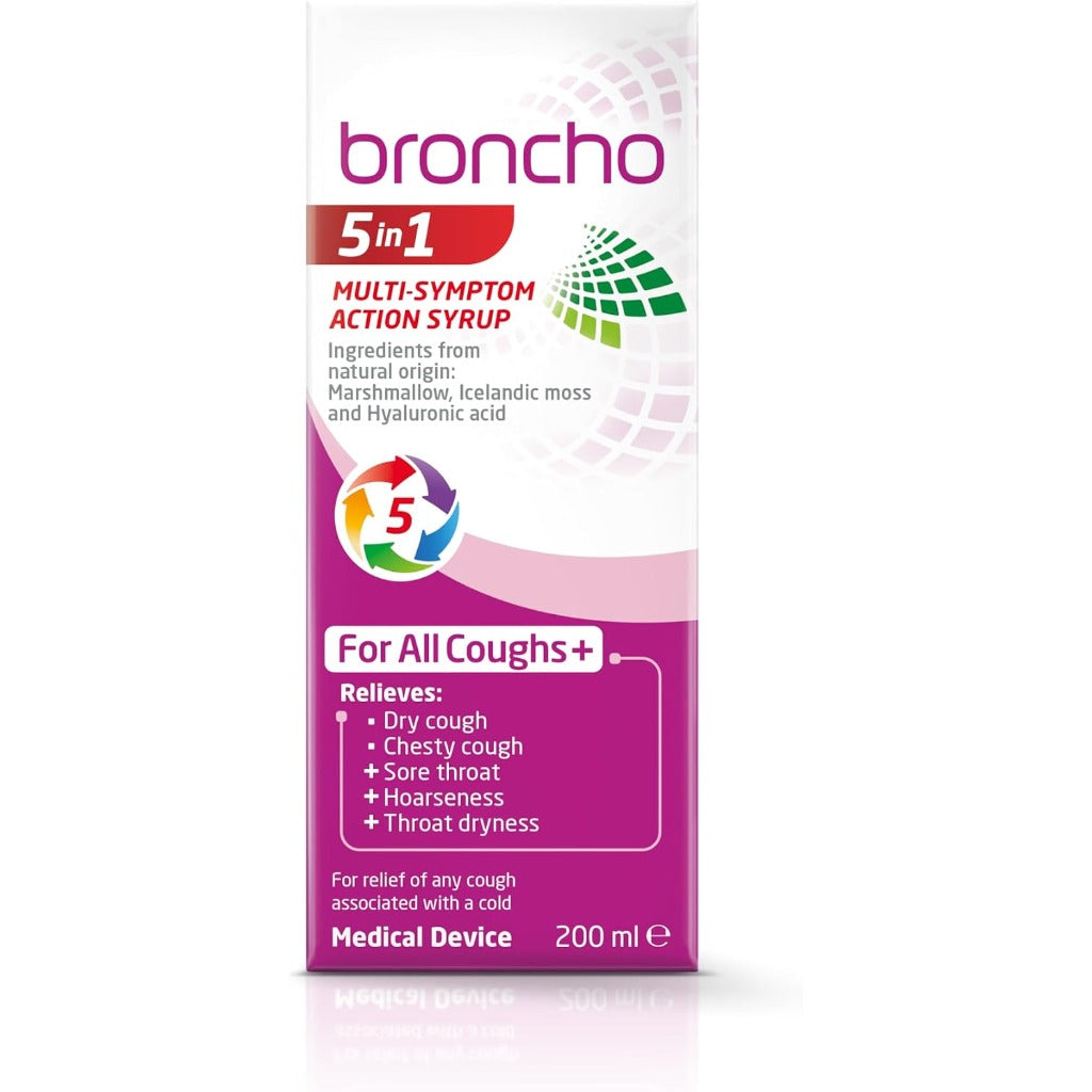 Broncho 5-in-1 Cough Syrup 200ml - Multi-Symptom Relief Dry Chesty Cough Sore Throat Sugar Alcohol Free - Damaged Box - BBE 05/2028