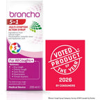 Broncho 5-in-1 Cough Syrup 200ml - Multi-Symptom Relief Dry Chesty Cough Sore Throat Sugar Alcohol Free - Damaged Box - BBE 05/2028
