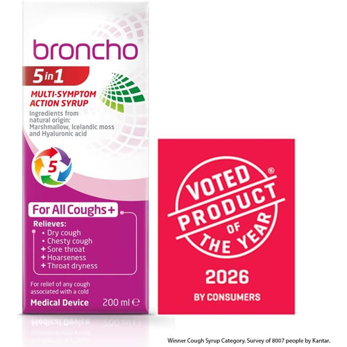 Broncho 5-in-1 Cough Syrup 200ml - Multi-Symptom Relief Dry Chesty Cough Sore Throat Sugar Alcohol Free - Damaged Box - BBE 05/2028