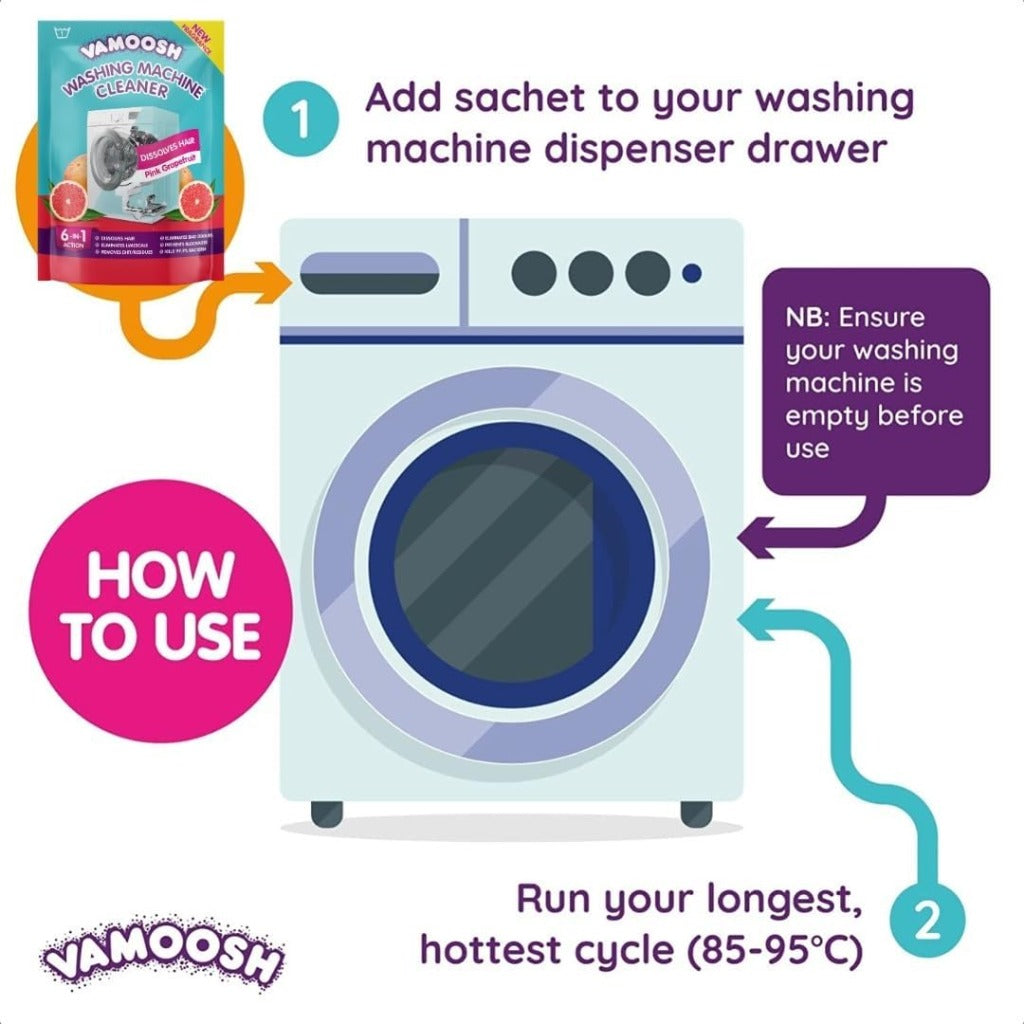 Vamoosh 6-in-1 Washing Machine Cleaner - Pink Grapefruit Scent - Hair Odour Limescale Removal - Antibacterial Deep Clean - 2 Sachets - Damaged Box