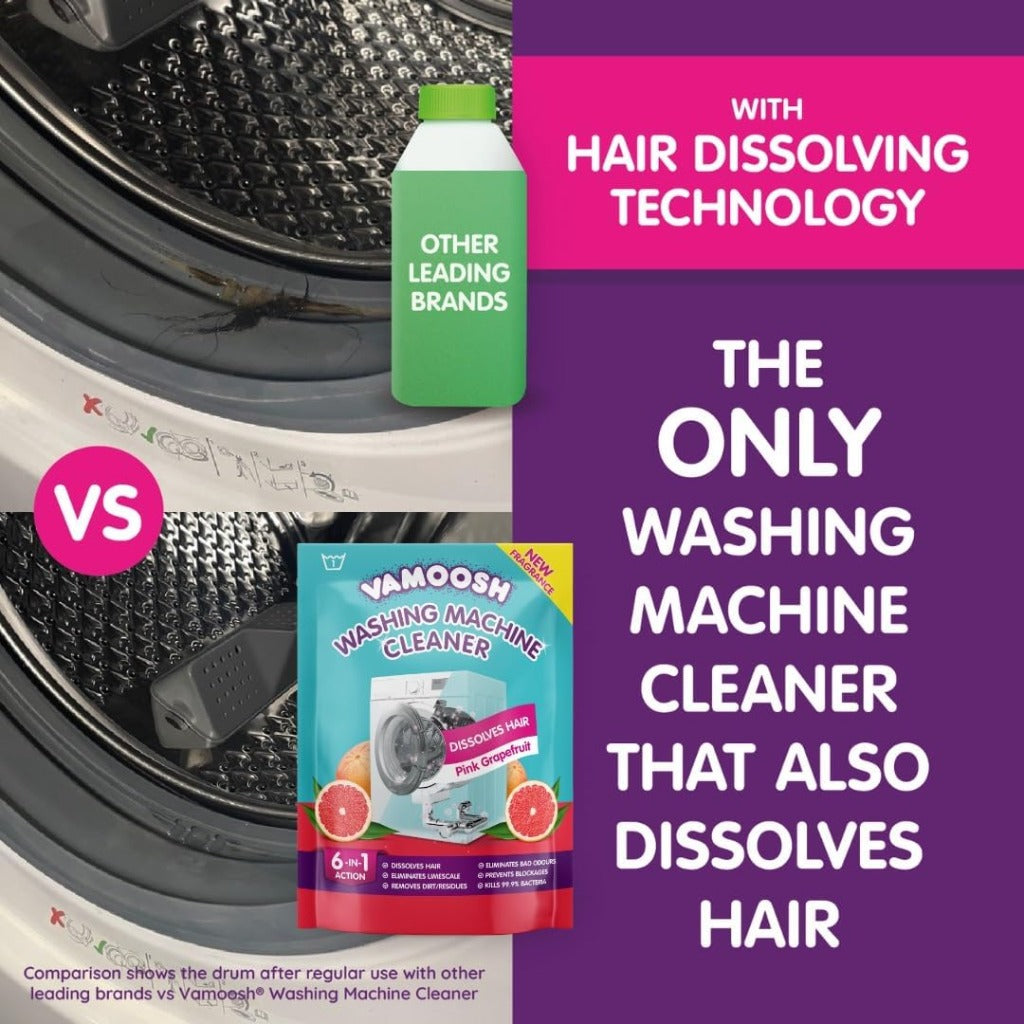 Vamoosh 6-in-1 Washing Machine Cleaner - Pink Grapefruit Scent - Hair Odour Limescale Removal - Antibacterial Deep Clean - 2 Sachets - Damaged Box