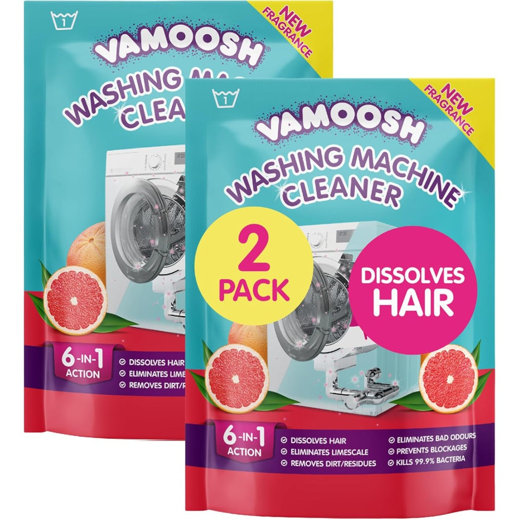 Vamoosh 6-in-1 Washing Machine Cleaner - Pink Grapefruit Scent - Hair Odour Limescale Removal - Antibacterial Deep Clean - 2 Sachets - Damaged Box