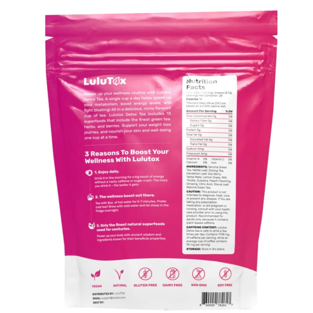 LULUTOX Original Detox Tea - Herbal Blend with Dandelion, Ginseng, and Ginger - Supports A Healthy Weight, Digestive Health - Vegan, All Natural, Laxative-Free - Peach Flavor (28 Servings) - New - BBE 03/2029