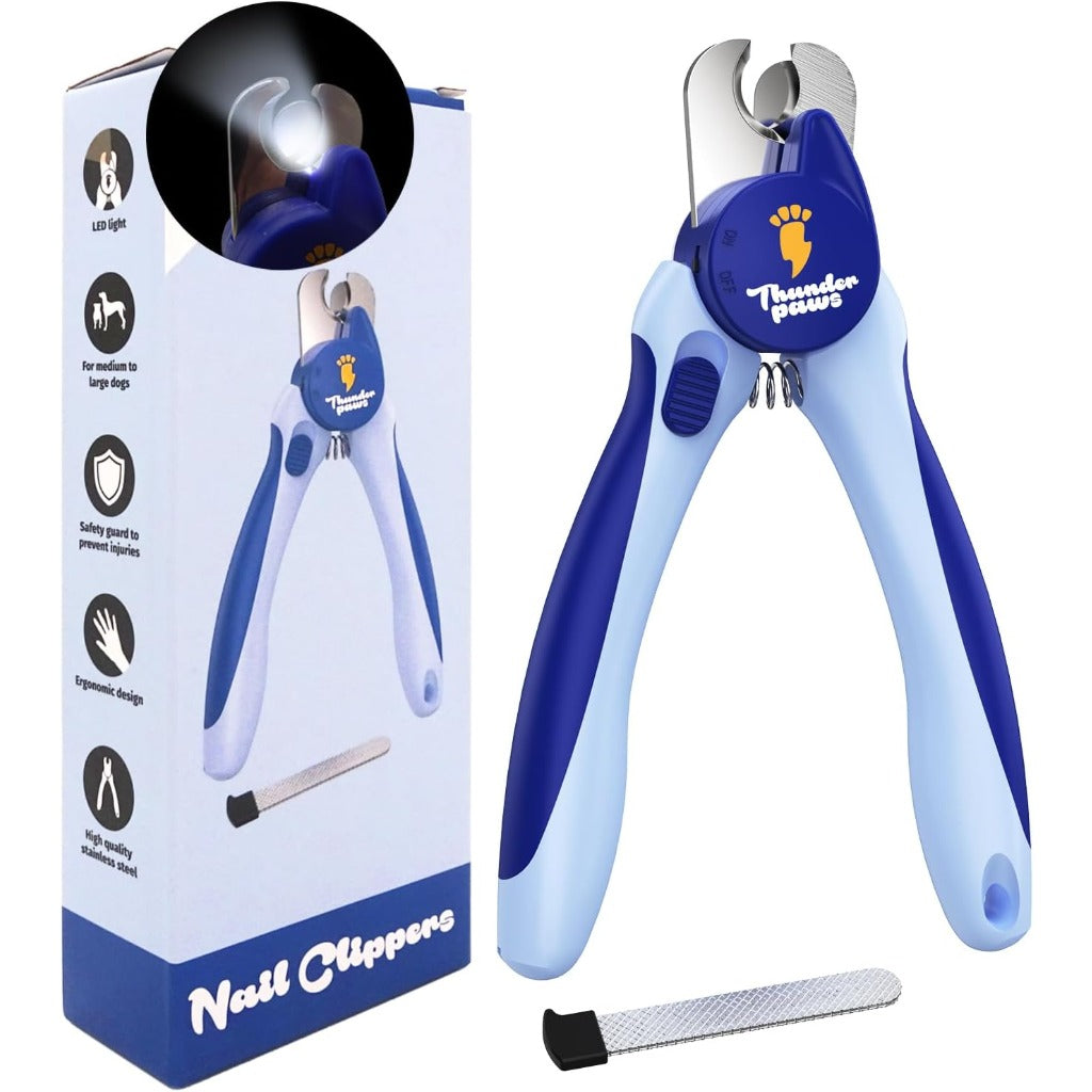 Thunderpaws Dog Nail Clippers - Professional-Grade Pet Claw Trimmers with Safety Guard & Lock - Medium to Large Breeds - Blue - LED Light - Damaged Box