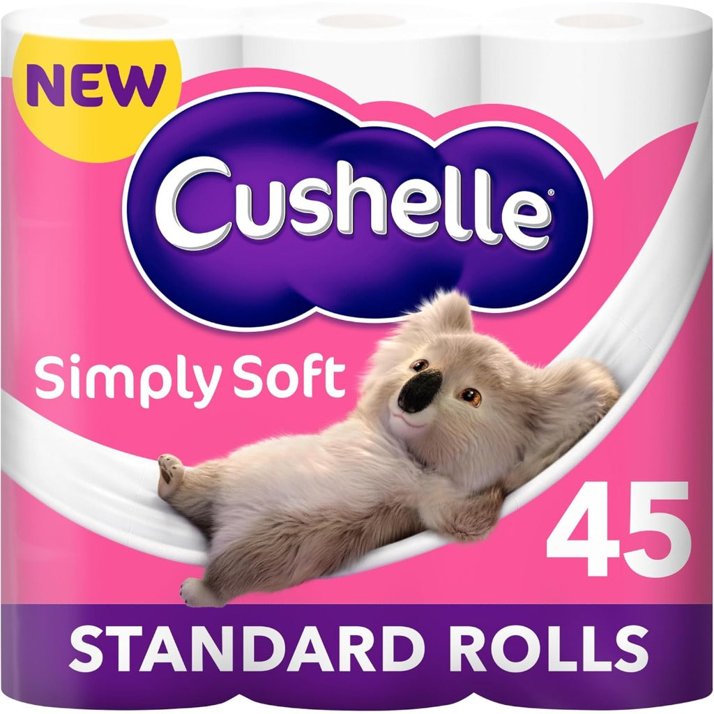 Cushelle Simply Soft Toilet Roll - 45 Standard Rolls - 9x5 Packs - Bulk Toilet Paper - New