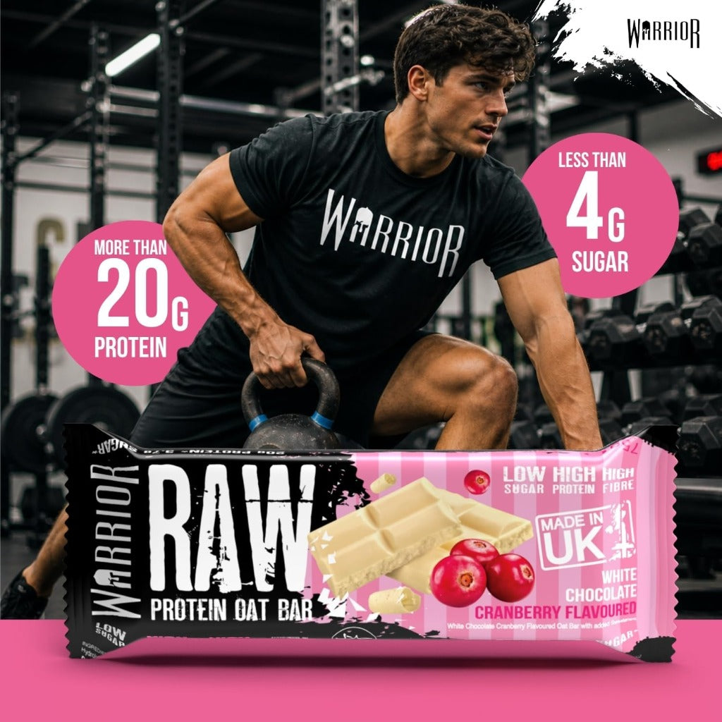 Warrior RAW Protein Bars 12 x 75g - 20g High Protein Bar, Low Sugar High Fibre Oat Protein Flapjack - Protein Snacks, Meal Replacement Bars (White Chocolate Cranberry) - Damaged Box - BBE 08/2027