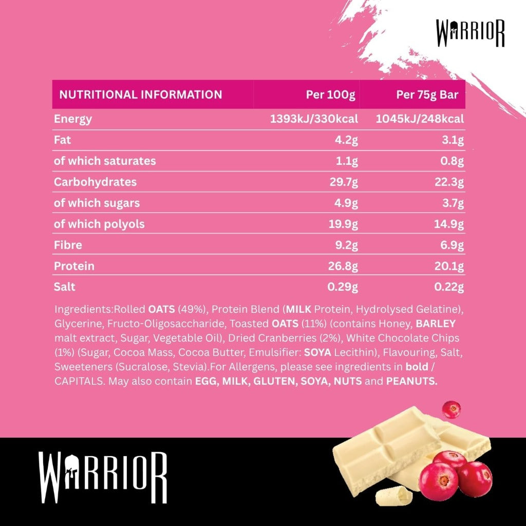 Warrior RAW Protein Bars 12 x 75g - 20g High Protein Bar, Low Sugar High Fibre Oat Protein Flapjack - Protein Snacks, Meal Replacement Bars (White Chocolate Cranberry) - Damaged Box - BBE 08/2027