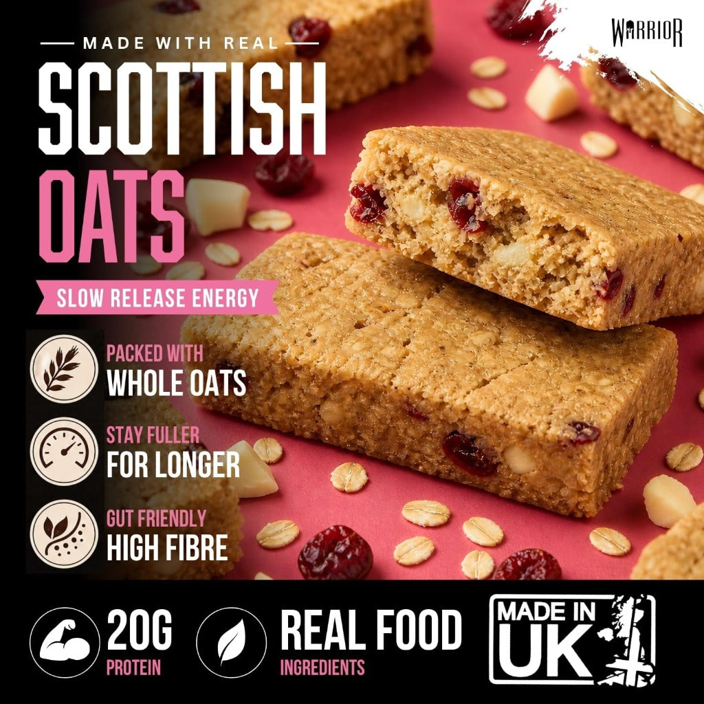 Warrior RAW Protein Bars 12 x 75g - 20g High Protein Bar, Low Sugar High Fibre Oat Protein Flapjack - Protein Snacks, Meal Replacement Bars (White Chocolate Cranberry) - Damaged Box - BBE 08/2027