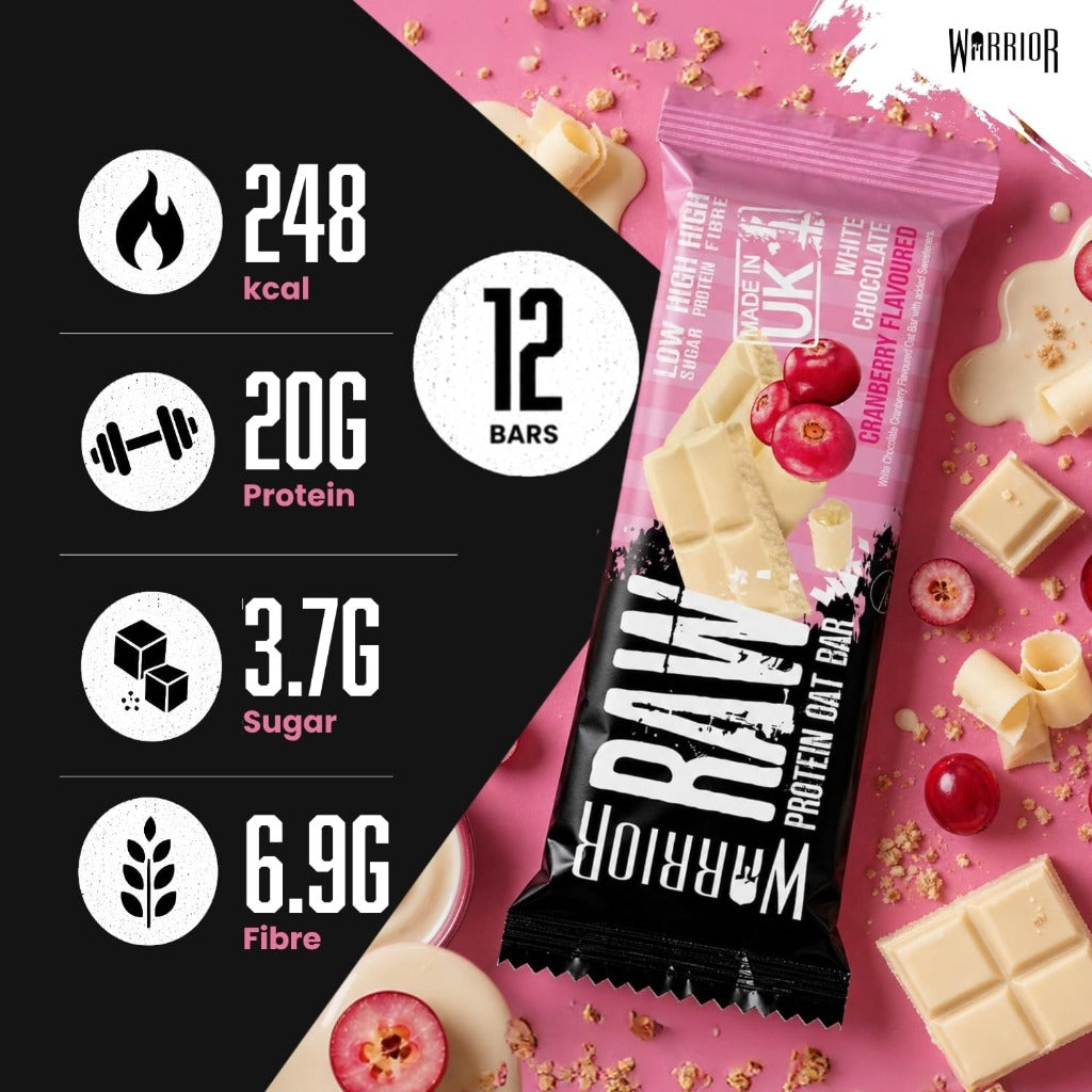 Warrior RAW Protein Bars 12 x 75g - 20g High Protein Bar, Low Sugar High Fibre Oat Protein Flapjack - Protein Snacks, Meal Replacement Bars (White Chocolate Cranberry) - Damaged Box - BBE 08/2027