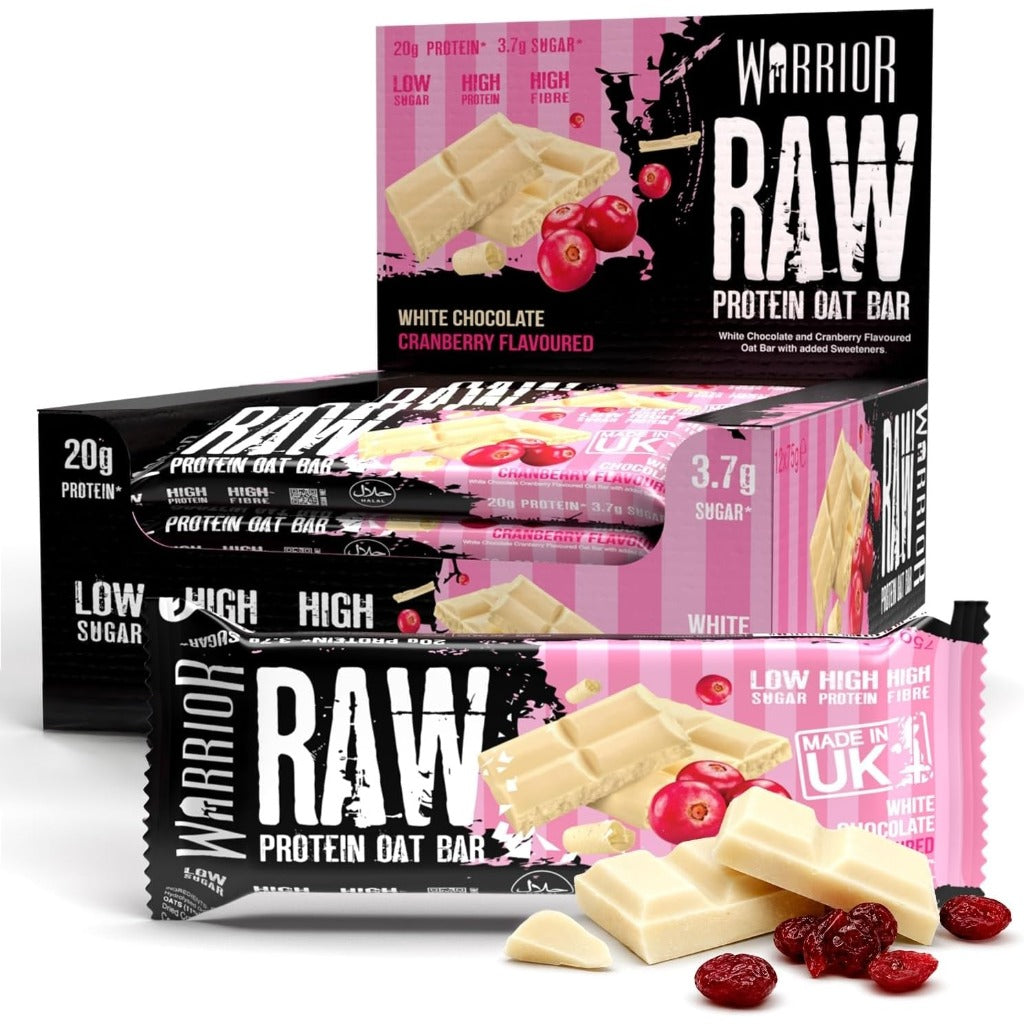 Warrior RAW Protein Bars 12 x 75g - 20g High Protein Bar, Low Sugar High Fibre Oat Protein Flapjack - Protein Snacks, Meal Replacement Bars (White Chocolate Cranberry) - Damaged Box - BBE 08/2027