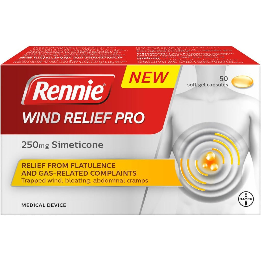 Rennie Wind Relief Pro - 50 Soft Gel Capsules - 250mg Simeticone - Flatulence & Gas Relief - Damaged Box - BBE 07/2027