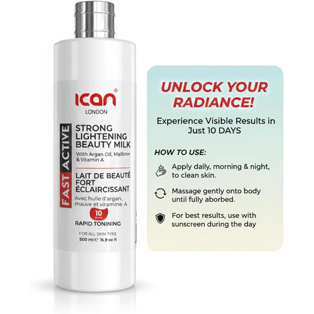 ican London Fast Active Strong Lightening Body Milk 500ml - Skin Brightening Lotion Moisturiser - New