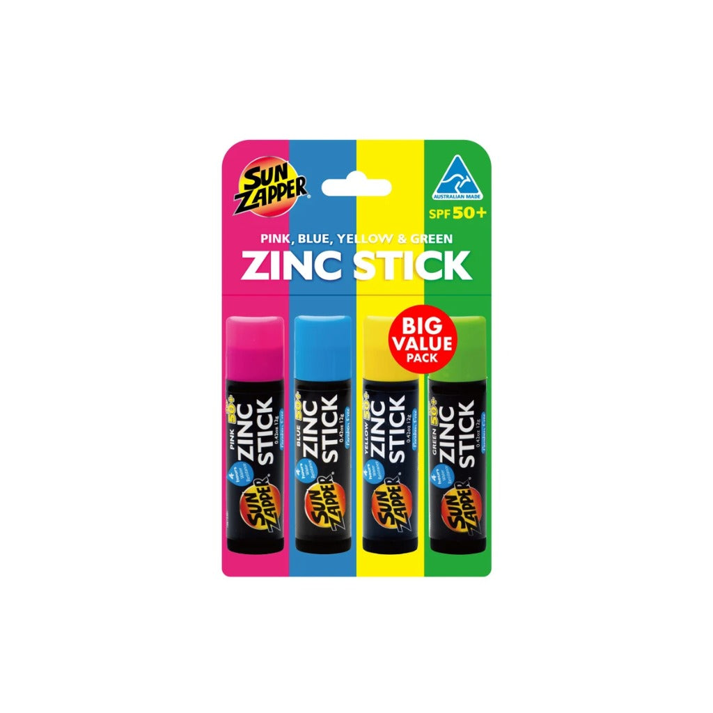 Sun Zapper Zinc Stick SPF 50+ Sunscreen - 4 Pack - Pink Blue Green Yellow - 0.42 oz Sun Protection Face Body - New - BBE 01/2028