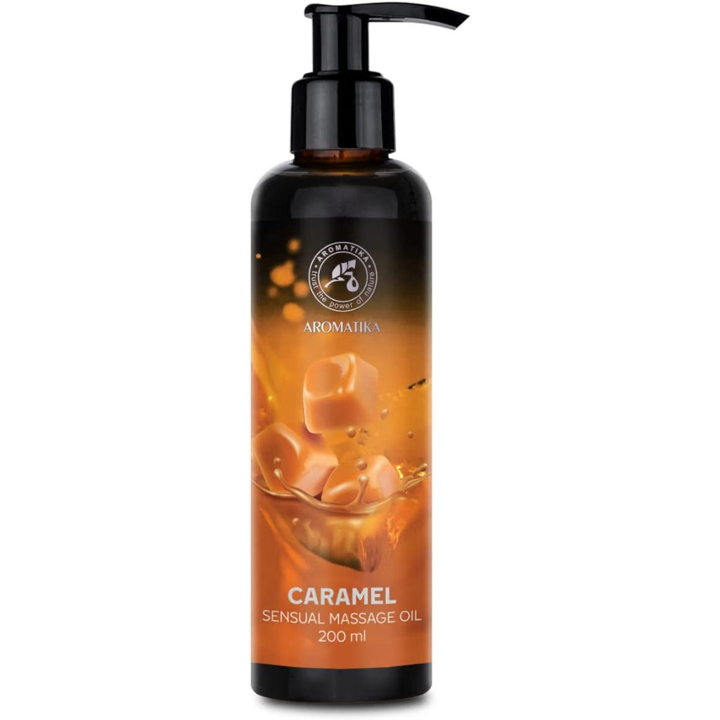 AROMATIKA Massage Oil - Caramel Scent - 6.8 fl oz - Natural Almond & Grapeseed - Relaxing Couples Body Oil - Very Good - BBE 11/2028